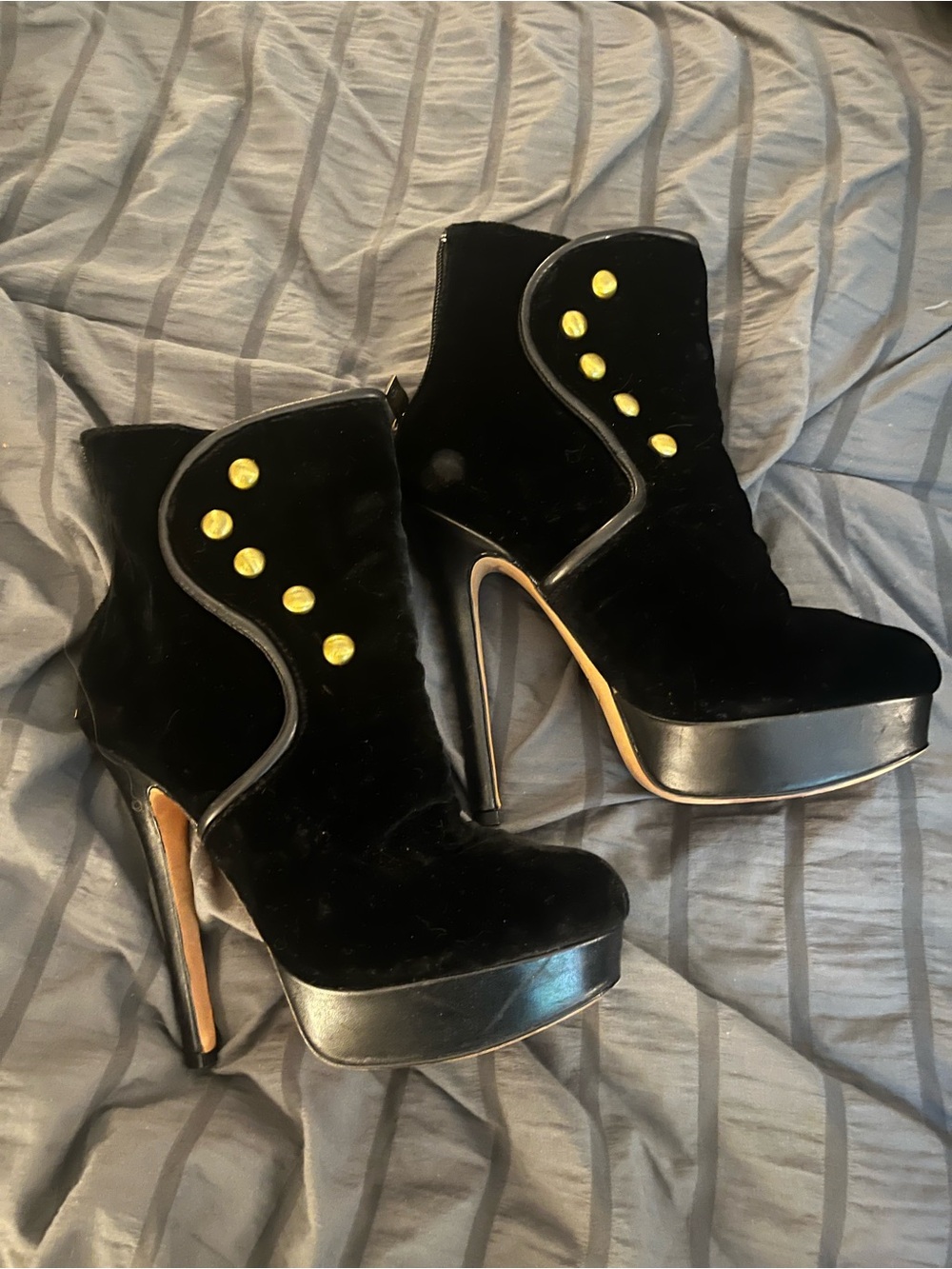 Women's Black Velvet Platform Ankle Boots with Gold Studs